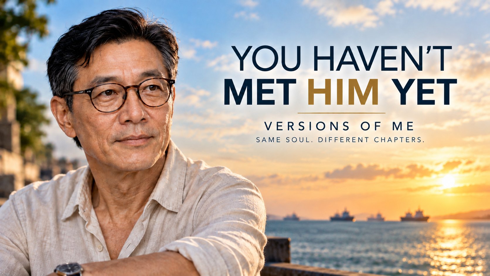 Versions of Me film artwork featuring Derek Chew by the sea at sunset